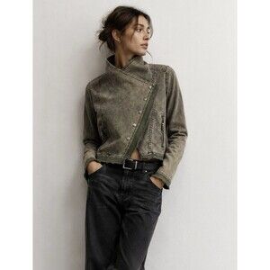 Free People Collapsing Twill Jacket XS Military Green Asymmetrical Moto Raw Hem